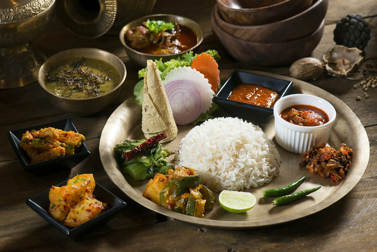 A festive thali with curries, rice and breads